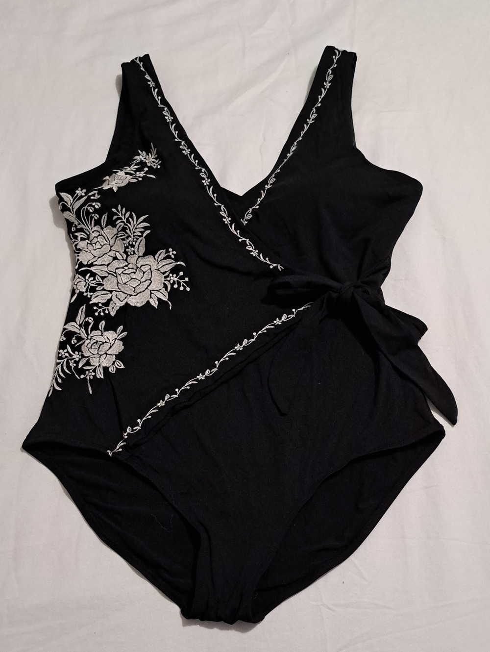 Sundance Black One-Piece Swimsuit with White Floral Embroidery